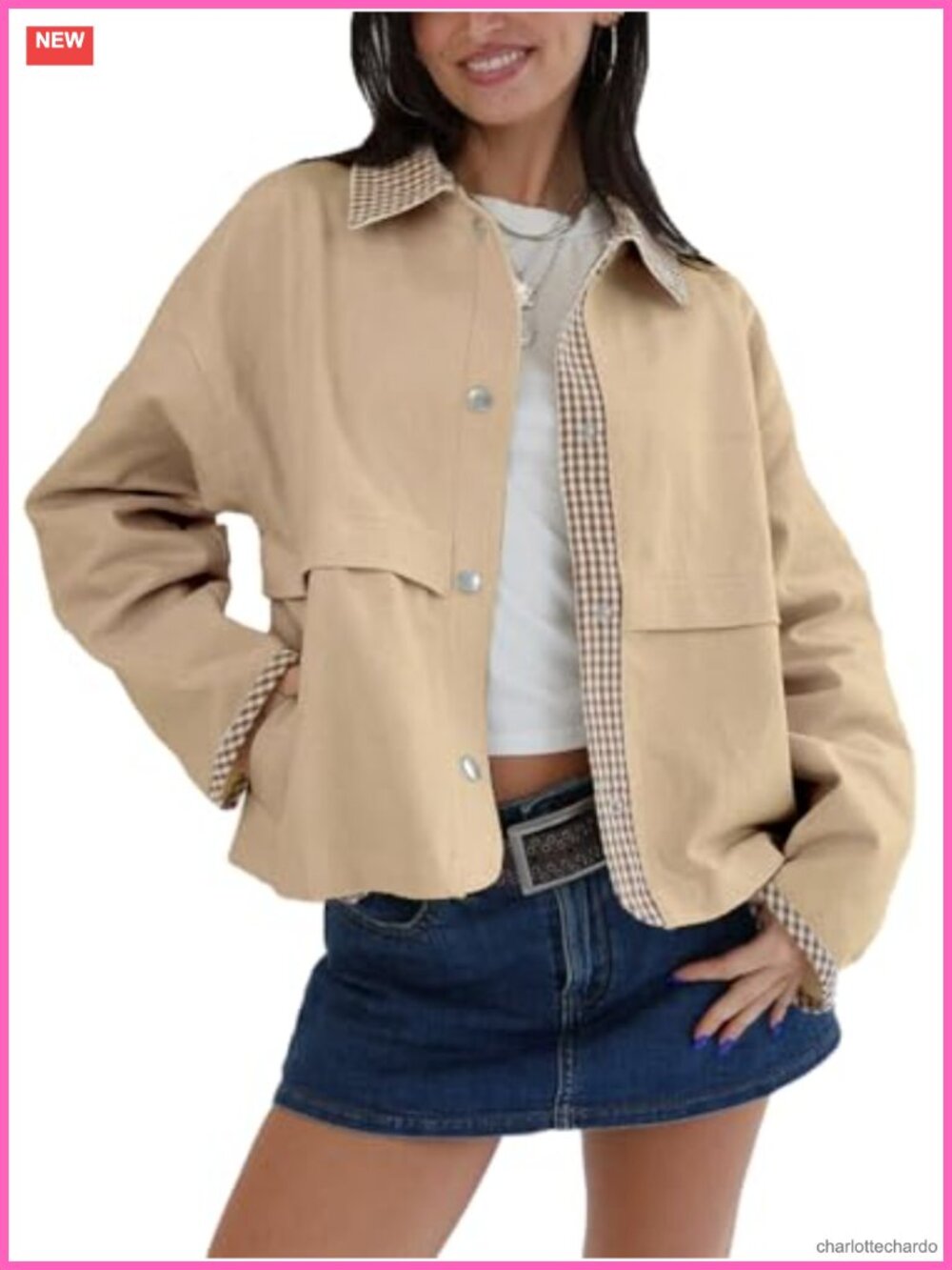 Women's Gingham Cropped Jacket Lightweight Lapel Short Trench Coat